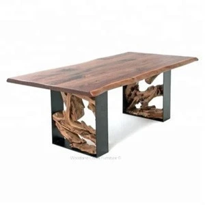 Industrial &amp; vintage black iron metal &amp; natural acacia live edge dining table