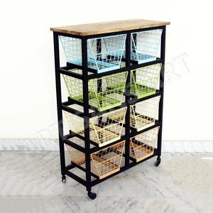 Industrial Beautiful and Unique Style Sturdy Metal Wood Storage unit on wheels, Metal Buckets unit, Home Storage &amp; Organization