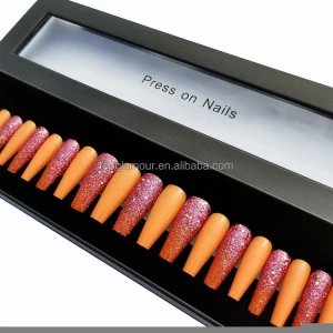 JP1171-B3 Long coffin press on nails 24 pcs glitter orange artificial fingernails with custom