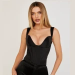 Luxury Black Satin Corset Boning Bustier Padded Underwire Backless Comfy Smooth Lining Silk Crop Fitting Mini Cocktail Top