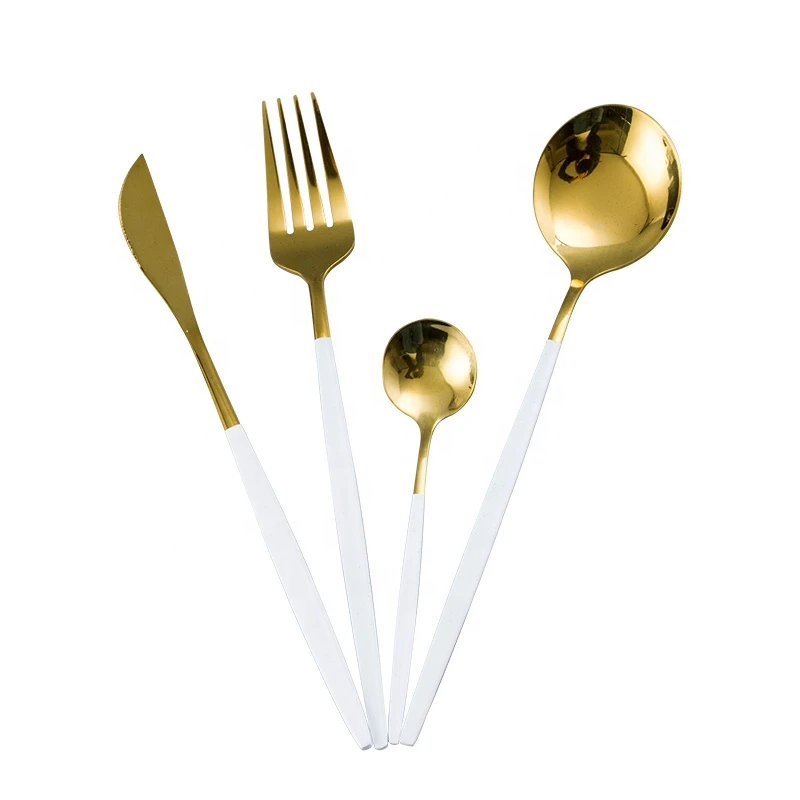 Luxury Fork Spoon Flatware Gold Plated 24pcs Cutlery Set Stainless Steel with White Handle