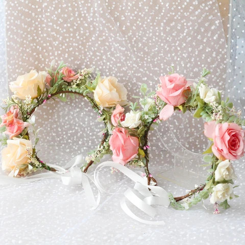 New Bohemia Flower Floral Hairband Women Rose Crown Headband Rattan Wedding Bride Wreath Ornament Hair Accessories