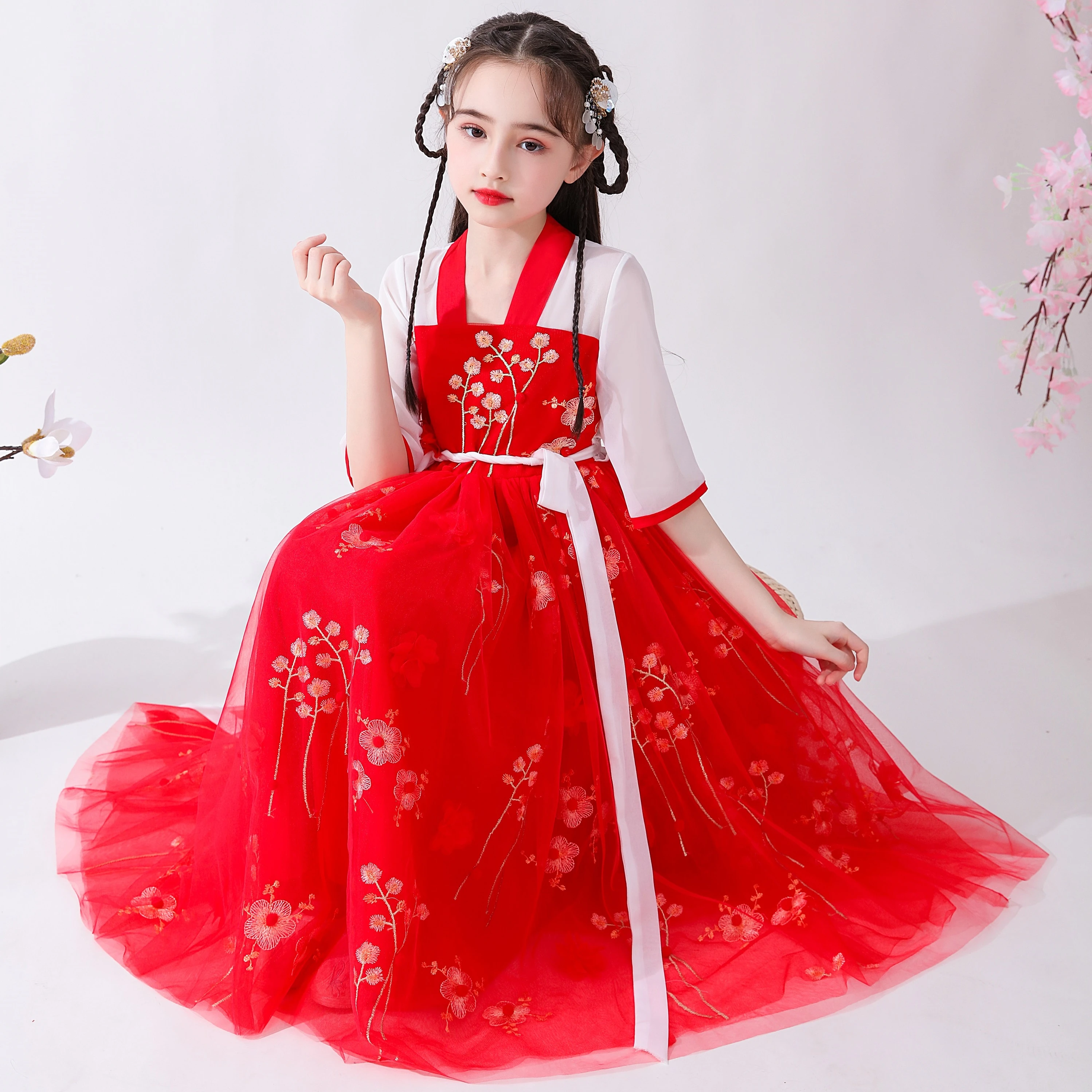 New Chinese style girl long dress Flower girl dress for wedding party Shiny Chiffon Princess Dress for kids