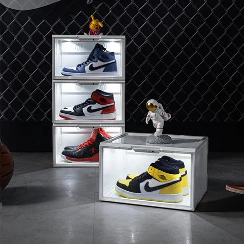 New side door shoe box made of acrylic material with voice controlled LED stackabl shoe cabinet and shoe box
