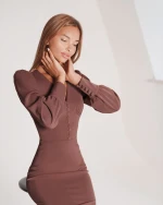 ootn women v-neck chic brown  dress lantern sleeve solid high waist button vintage ladies dresses 2021 elegant pencil dress