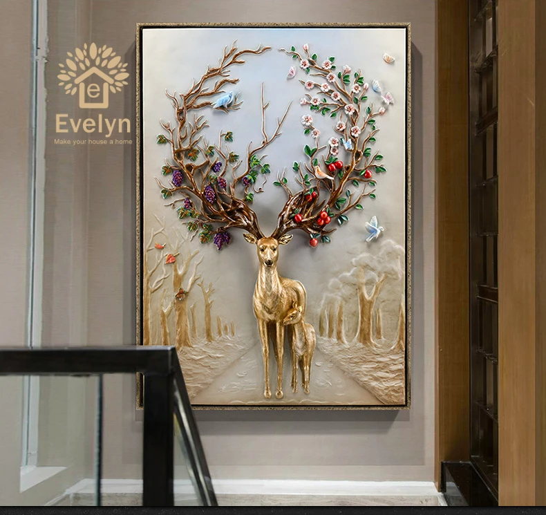Polyresin Craft Home Decoration 3d deer Decorative Relief Wall Painting Wall Art and Craft