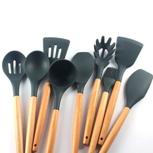 Popular on amazon Printed Logo Wood Handle Cookware kitchen tools Cooking gadgets Silicone Utensils Set