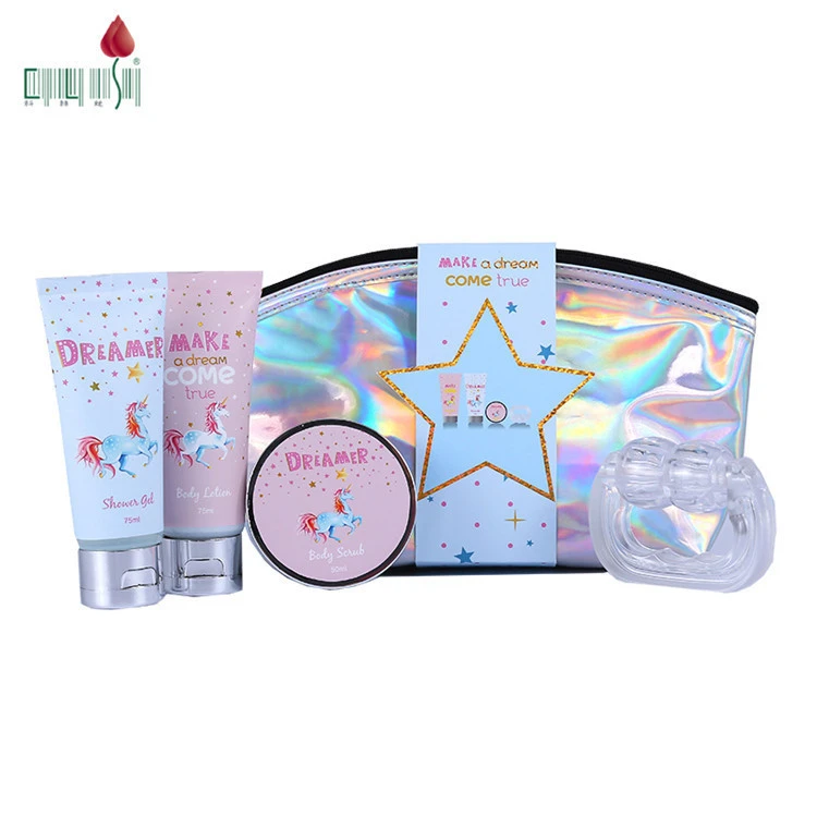 Private label pu bag packing portable body care girls travel bath set with plastic massager