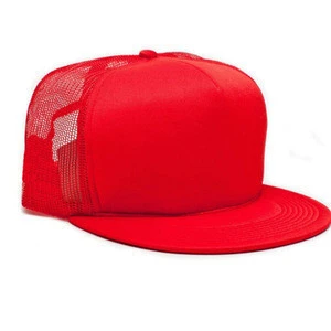 Red Foam Mesh Snapback Cap Flat Brim Mesh Baby Trucker Cap 5 Panel Hats Blank Baseball Wholesale