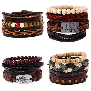 Ruigang Hottest sales thin bracelets with wood beads,leather wrap bracelet,color leather men bracelet beads