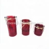 Set of 3 Red Polished Glass Hanging Style Tall Cylinder Glass Vase with Rope