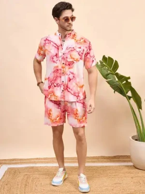 Shorts and Pockets Button-down suit Mens colored striped shirt shorts Mens two piece casual