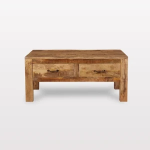 Solid Mango Wood Coffee Table with 2 Drawers Vintage Style Rough Finish Wooden Coffee Table with Storage Indian Furniture