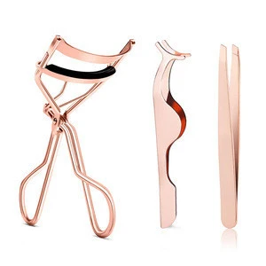 Stainless Steel Customized Rose Gold Tweezers and Eyelash Curler Kit Eyelash Curler Set with Applicator and Tweezer