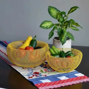 Wholesale 2 Piece Modern Yellow Metal Wire Mesh Fruit Bowl Set Double Wall Construction latest  fruit store basket