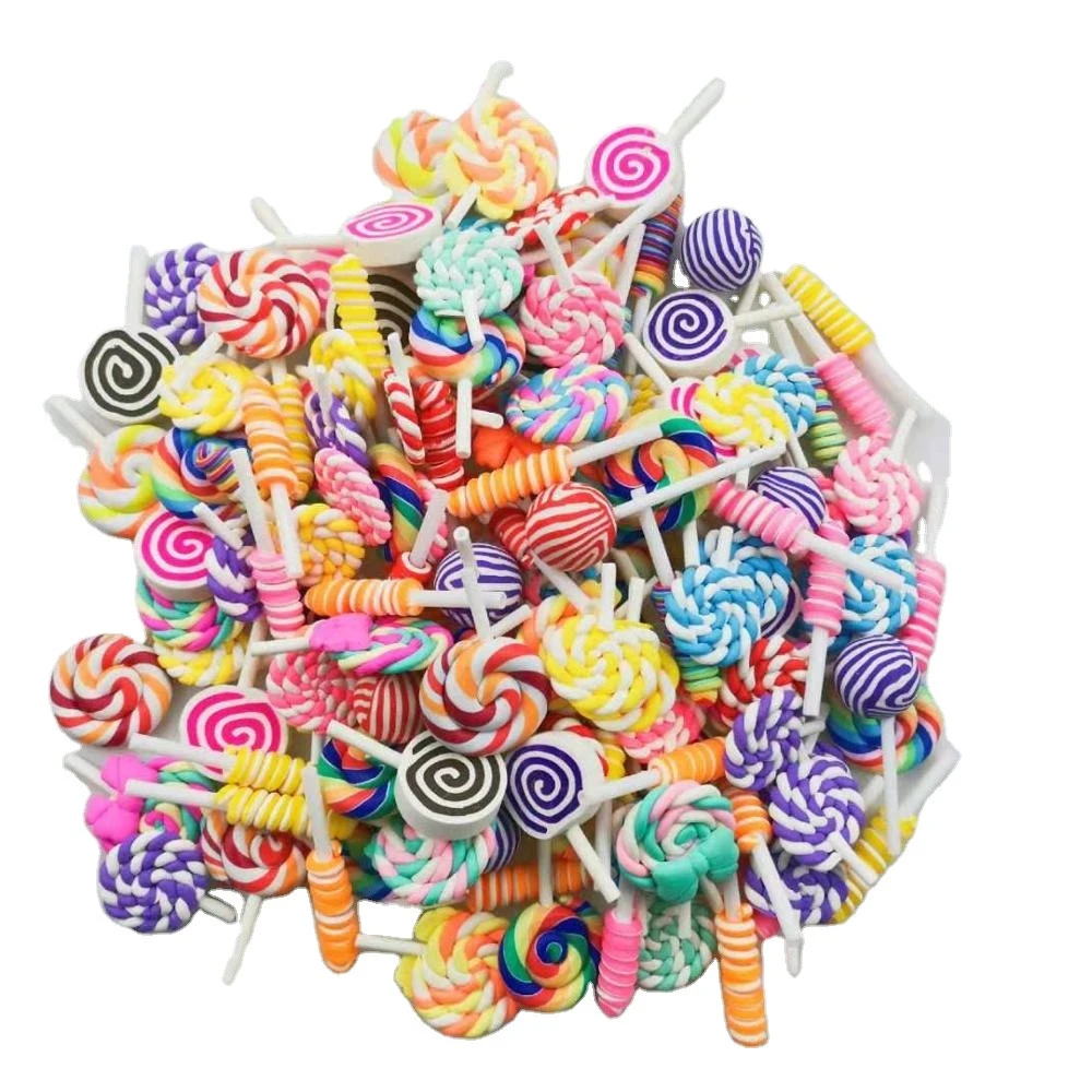Wholesale 30pcs Charms Mixed Assorted Simulation Candy Rainbow Swirl Lollipop Slime Resin Flatbacks Lollipop for DIY Crafts