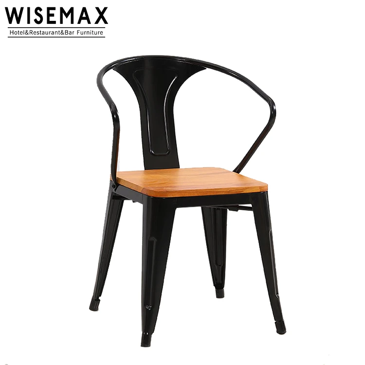 Wholesale Industrial Retro Dining Chair Bistro Cafe Use Distressed Armrest Metal Dining Chair With Wooden Seat