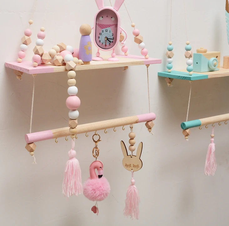 wholesale new design cute wood rope floating decorative wall shelf for baby bedroom