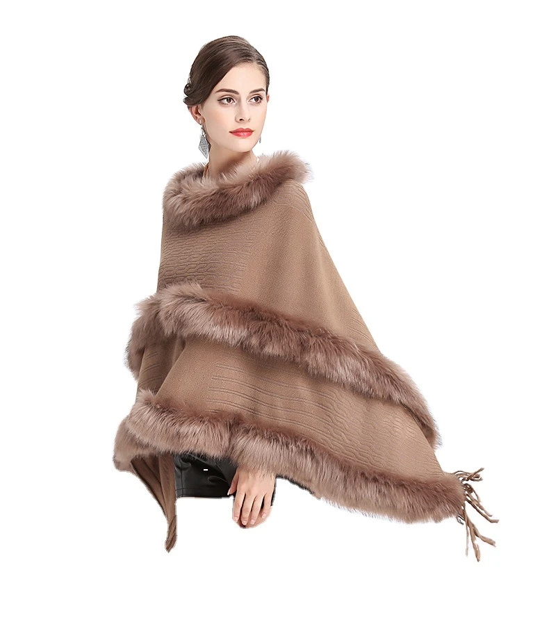 Wholesale winter faux fox fur trims shawl  cape Wool poncho for women with tassels