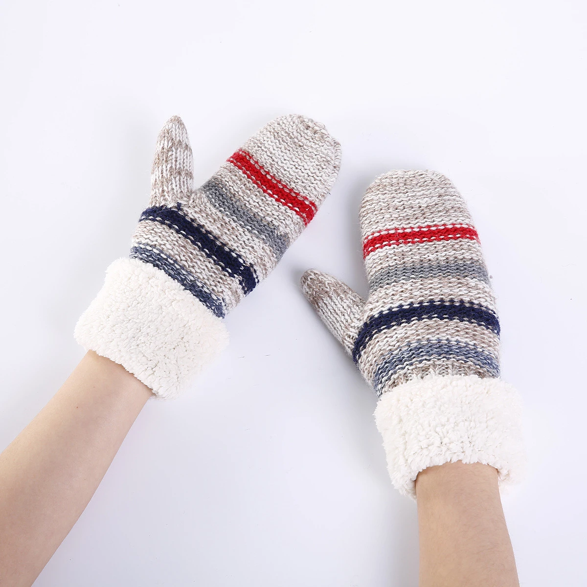 Winter New Trend Women&#x27;s Stripe Mixed Color Knitted Mittens Warm Ski Gloves with Fleece lining