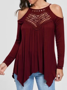 Women New Fashion Blouse Comfortable Round Neck Cold Shoulder Wipes Top Woman Solid Color Trendy Blouse