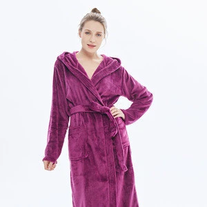 Womens Fleece Solid Robe, Long Hooded soft plush Bathrobe