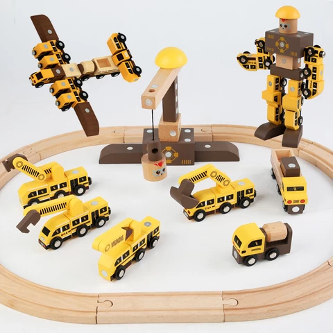 Wooden Train Track & STEM Building Toys 2 in 1, Magic Wooden Railway Vehicle Playset - Creative Construction Build Making Kit St