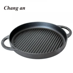 Pre-seasoned round cast iron grill pan with dual loop handles 28cm