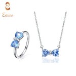 Blue Topaz Heart Bow Silver Ring & Pendant Necklace Jewelry Set