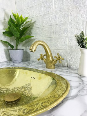 Unlacquered Brass Double handle bathroom sink faucet mixer tap with engraved gold finish & flat cross handles