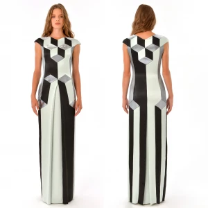 Luxury, geometric, maxi length pure silk evening dress