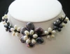 Black and white Pearl Gem stone Flower choker Necklace with Earrings  SET Hand Made  PN5BK