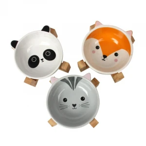 Cartoon ceramic pet bowl bamboo and wooden frame supporting cat bowl ceramic cat bowl