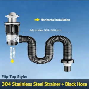 304 Stainless Steel Basin Drainpipe, Flip Cover Type Adjustable Black Tube For Bathroom Sink Wash Basin Anti‑Odor Anti‑