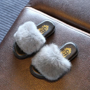 2017 children girls skid resistance fluffy fur slipper TPR shoe sole slip on out shoes