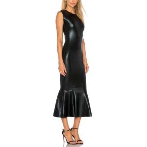 2020 Custom Fashion Ladies Faux PU Leather Bodycon Dress Sexy Stretch Fit Ruffle Hem Evening Dress Women