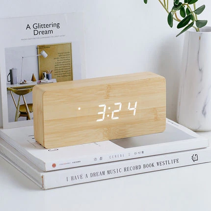 2020 Display Time Temperature LED Digital Desk Clock Adjustable Wooden Alarm Clock