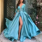2021 Lace Prom Dress Robe De Soiree Party Formal Lace Satin Royal Blue Solid Color V-Neck Long Sleeve Evening Wedding Dresses