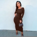 2021 long sleeve solid o-neck backless dresses skinny  maxi dress women fashion  streetwear casual party wear