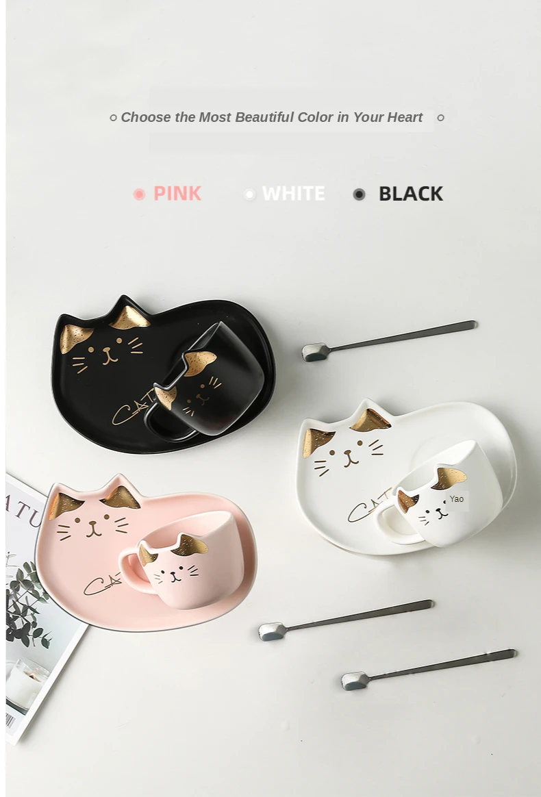 2021 new 200ML Cartoon Ceramics Cat Mug Set With Saucers Spoon Coffee Milk Mugs Cute Creative Breakfast Drinkware Birthday Gift