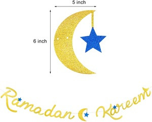 3 Pieces Ramadan Kareem Banner Moon Star Shape Garland Gold Blue Glitter Hanging Banners for Eid Festival Party Decorations