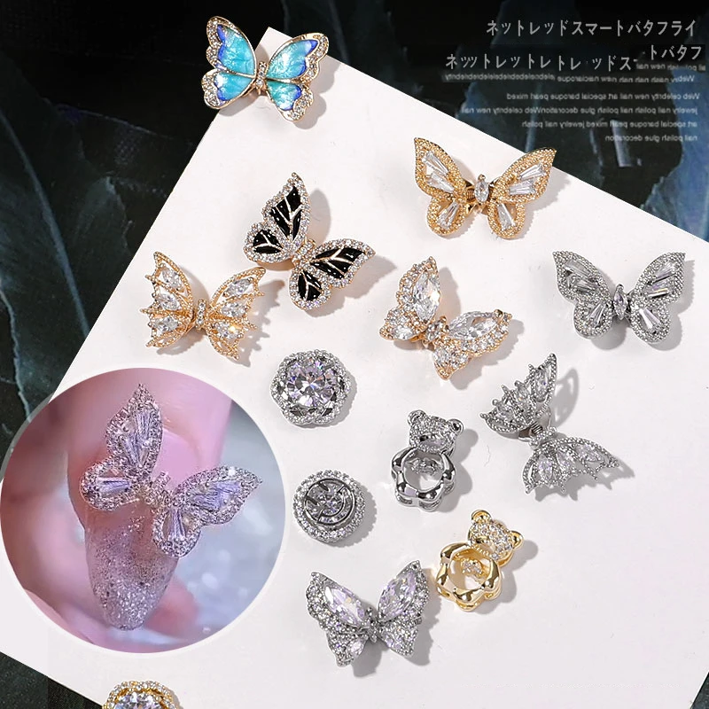 3D Simulation Flying Butterfly Nail Art Decorations Luxury Crystal Zircon Nail Jewelry Gold Silver Alloy Manicure Accessories