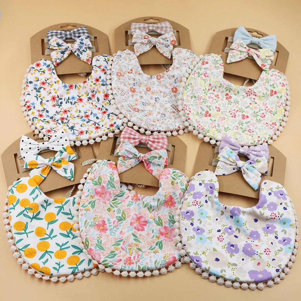 3pcs/set Infant Baby Girl Bibs Double Side Linen Embroidery Bibs Toddler Saliva Towel Feeding Burp With Hair Bows