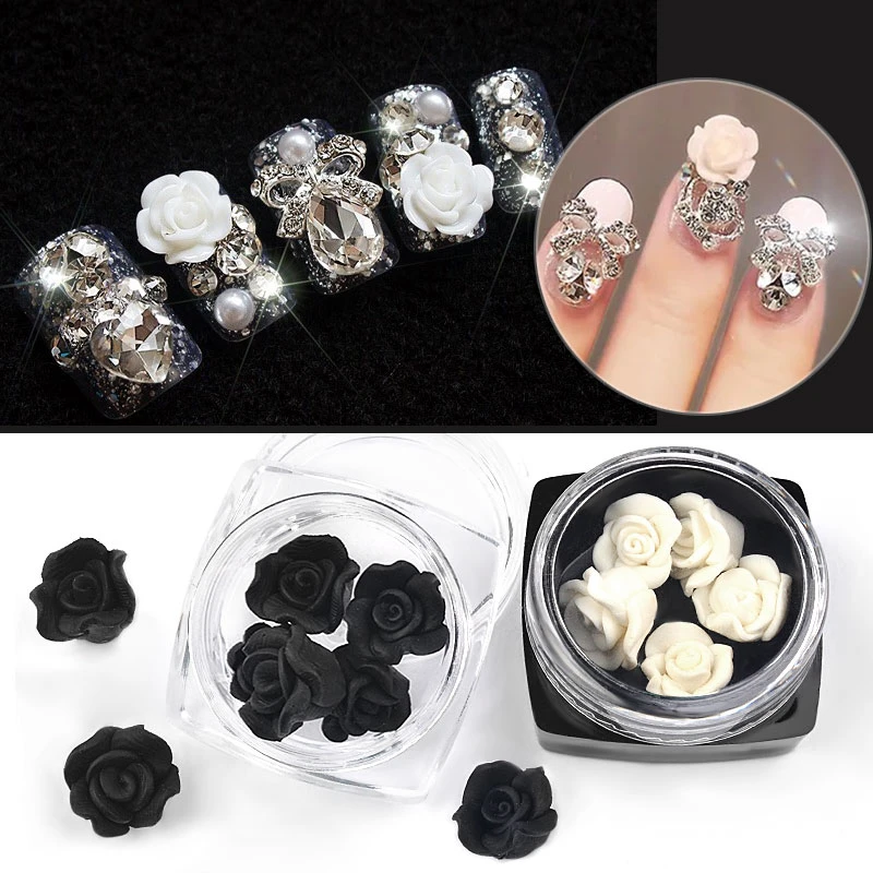 5pcs/box Black White Rose Rhinestones Nail Art Decorations 3d Petal Emboss Sculpture Flowers Nail Accessories