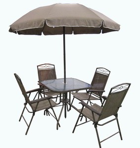 6 PCS Patio Garden Set Furniture Umbrella Gray with 4 Folding Chairs Table