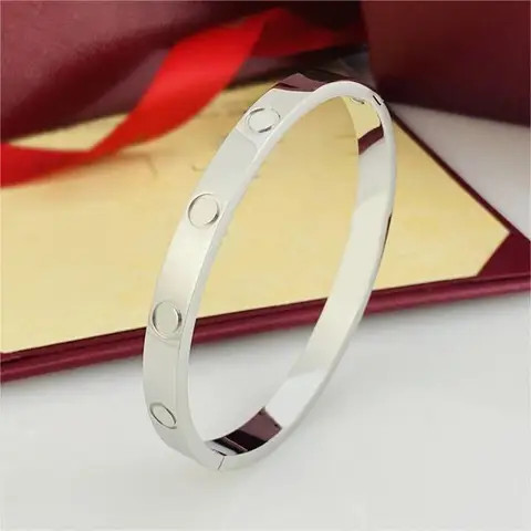 6MM Gold Plated Stainless Steel Ladies Crystal Stone 4 Diamond Open Buckle Love Carti Logo Bracelet Bangles for Women Couples