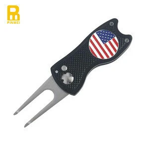 Aluminum handle personalized golf foldable/automatic pitchforks/divot tools with custom ball markers