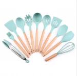 Amazon Heat Resistant Silicone Kitchen Accessories 12pcs Cooking Tools Kitchen Utensils Set with Wooden Handle