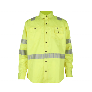 ANSI 107 HV Yellow men&#39;s flame fire resistant work shirt uniform FR button in front with FR label customized label logo