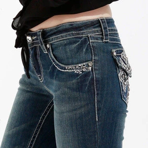 Attractive Design Embroidery jeans Wholesale China Customized me Miss Chic women Jeans with rhinestone rivets